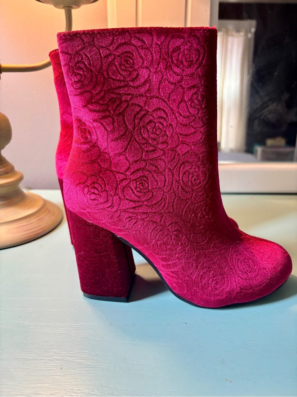 Soho Raspberry Velvet Embossed Ankle Boot NWOT - Picture 4 of 6